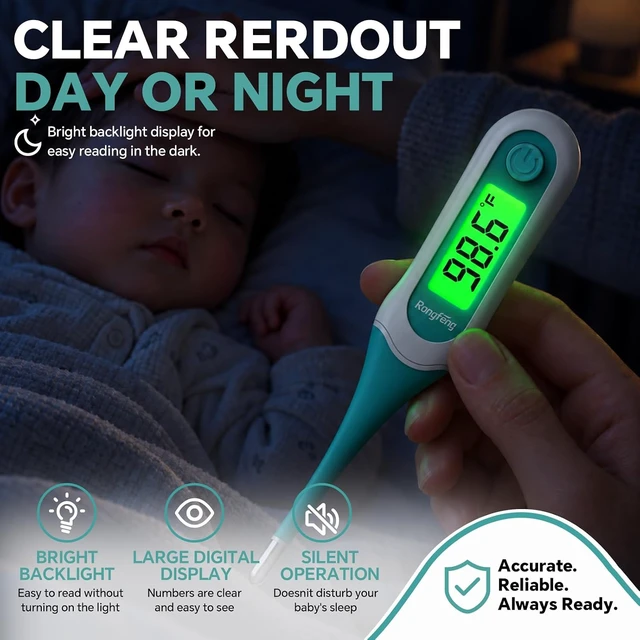 Alt view image 5 of 6 - Digital Oral Thermometer with Soft Flexible Tip, 8-Second Fast Reading, 3-Color Backlight Fever Alarm, Waterproof for Adults Kids Oral Rectal Underarm Use, with Storage C