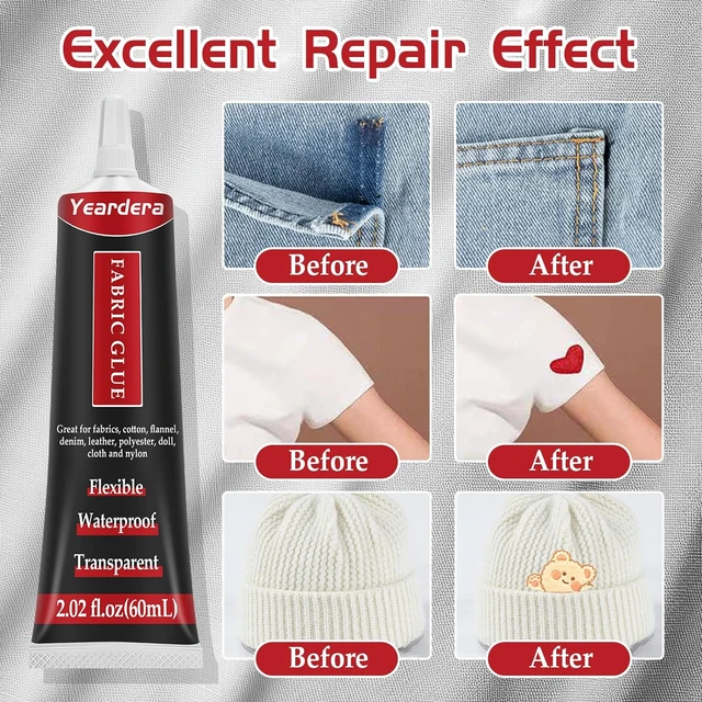 Alt view image 5 of 6 - Permanent Fabric Glue 60ML, Washable Clear Clothing Glue for Rhinestones, Patches, Clothes, Denim, Leather, Polyester, Fabrics, Doll Repair, Flannel, Cotton