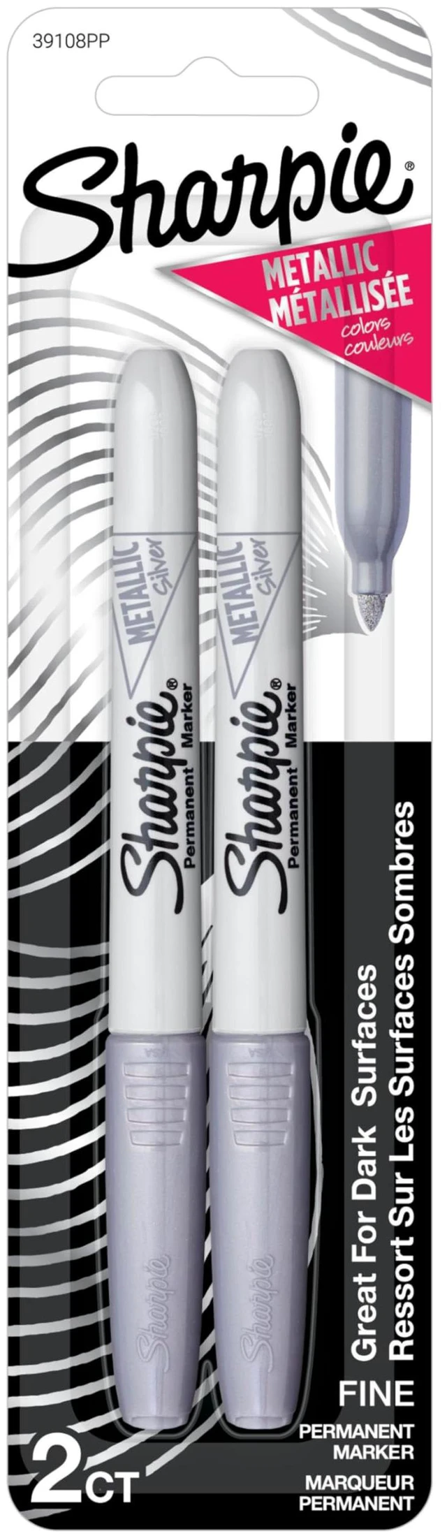Main image of Sharpie Metallic Permanent Markers, Fine Point, Silver, 2 Count, for Black Paper or Dark Surfaces, Arts & Crafts, Posters