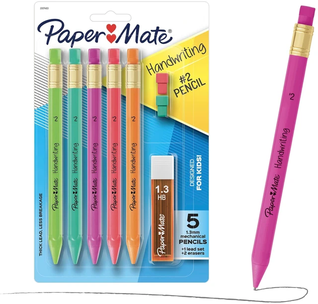 Main image of Paper Mate Handwriting Triangular Mechanical Pencils, 1.3mm, 5 Count, with Lead & Eraser Refills, Fun Barrel Colors