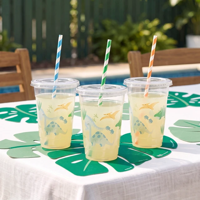 Alt view image 2 of 5 - 8 Count 16 Fl Oz Multicolor Dinosaur Disposable Plastic Cups with Lids and Straws by Way to Celebrate