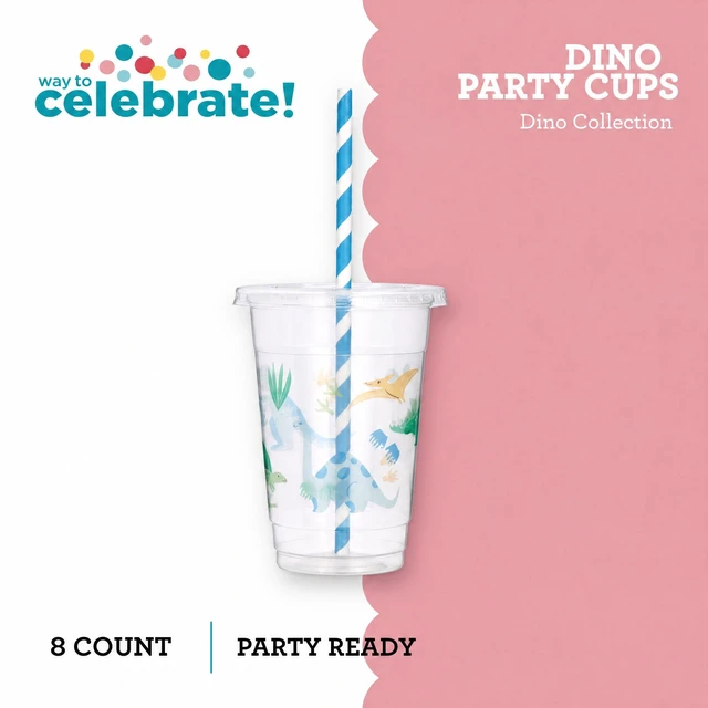 Alt view image 5 of 5 - 8 Count 16 Fl Oz Multicolor Dinosaur Disposable Plastic Cups with Lids and Straws by Way to Celebrate