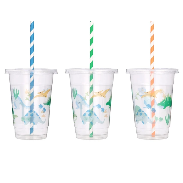 Alt view image 3 of 5 - 8 Count 16 Fl Oz Multicolor Dinosaur Disposable Plastic Cups with Lids and Straws by Way to Celebrate