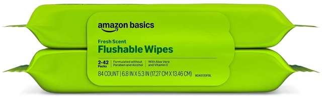Main image of Amazon Basics Flushable Wipes, Fresh Scent, with Aloe Vera and Vitamin E, Hypoallergenic, 42 Count (Pack of 2)