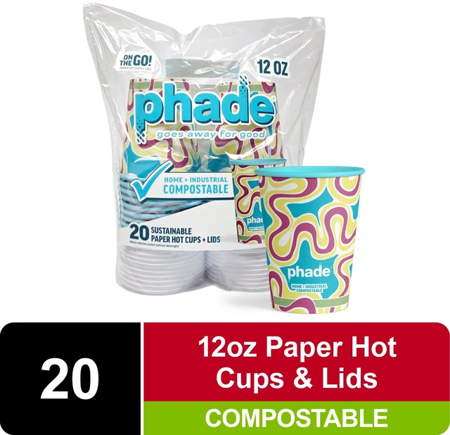Main image of Phade 12 oz Compostable Paper Hot Cups with Lids, 20 Count, Squiggle Design