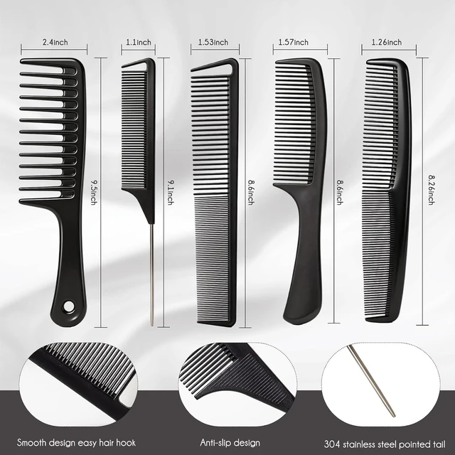 Alt view image 6 of 6 - 5PCS Carbon Fiber Rat Tail Comb Set - Wide & Fine Tooth for Hair Cutting Styling Braiding Parting Teasing (Black)