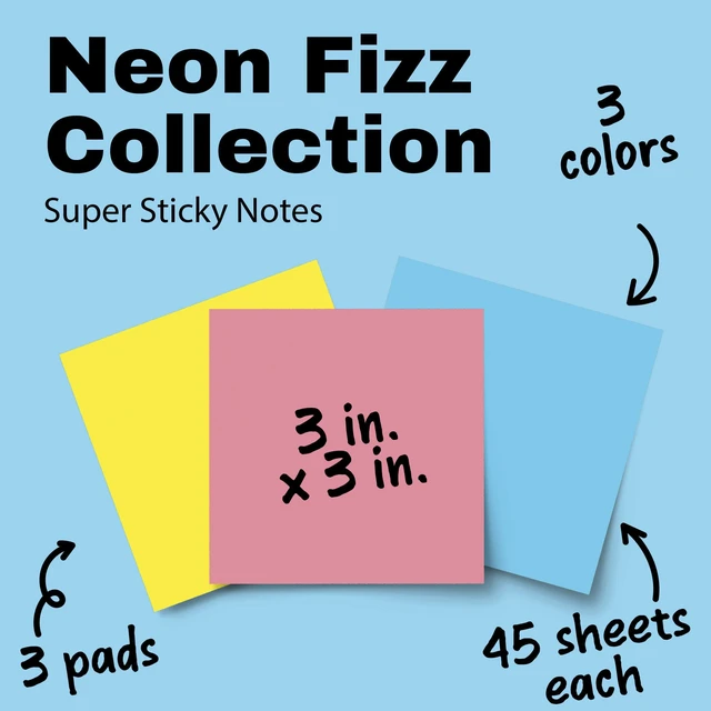 Alt view image 6 of 7 - Post-it Super Sticky Notes 3x3in Neon Fizz 3 Pads 45 Sheets/Pad
