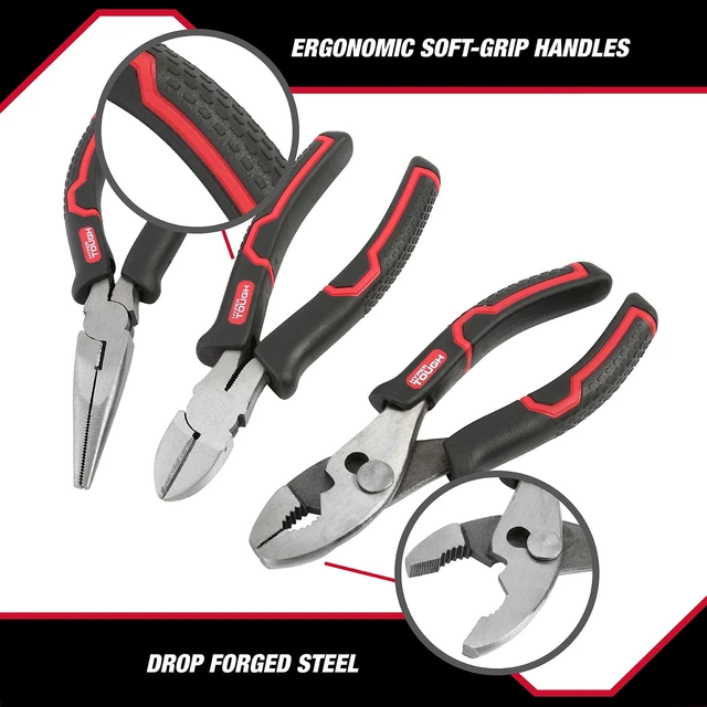 Alt view image 4 of 6 - Hyper Tough 3-Piece Pliers Set with Ergonomic Soft Grip Handles, Diagonal Cutting, Slip Joint and Long Nose Pliers