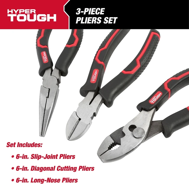 Alt view image 3 of 6 - Hyper Tough 3-Piece Pliers Set with Ergonomic Soft Grip Handles, Diagonal Cutting, Slip Joint and Long Nose Pliers