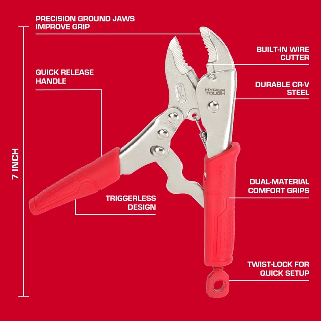 Alt view image 5 of 6 - Hyper Tough 7in Curved Jaw Locking Pliers with Triggerless Release, Model 44325