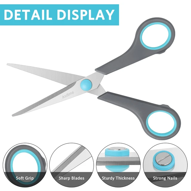 Alt view image 7 of 7 - Asdirne 6.4" Scissors, Stainless Steel Blades, Soft Grip Handle, All Purpose, Blue/Grey for Household, Office and School