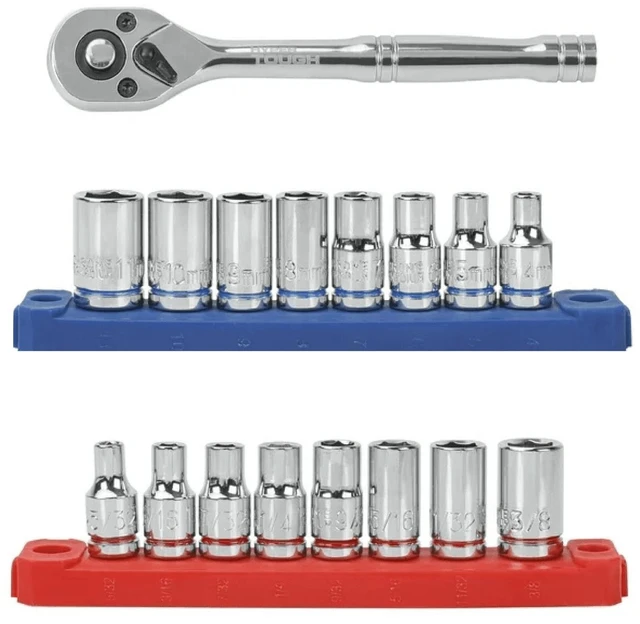 Main image of Hyper Tough 19-Piece 1/4-Inch Drive Ratchet and Socket Set, SAE and Metric