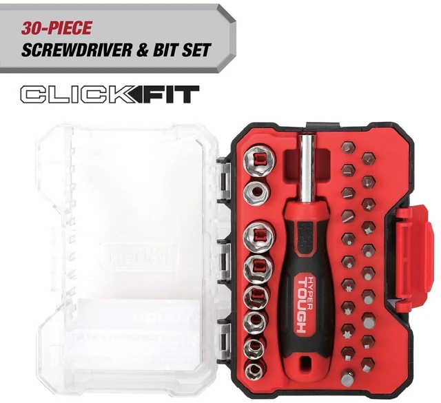Main image of Hyper Tough 30-Piece Screwdriver Handle and Bit Set in Click Fit Case
