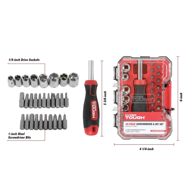 Alt view image 2 of 6 - Hyper Tough 30-Piece Screwdriver Handle and Bit Set in Click Fit Case