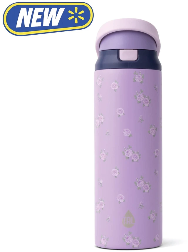 Main image of TAL 24oz Stainless Steel 2-in-1 Straw and Chug Bottle with Push Lid, Purple Flowers