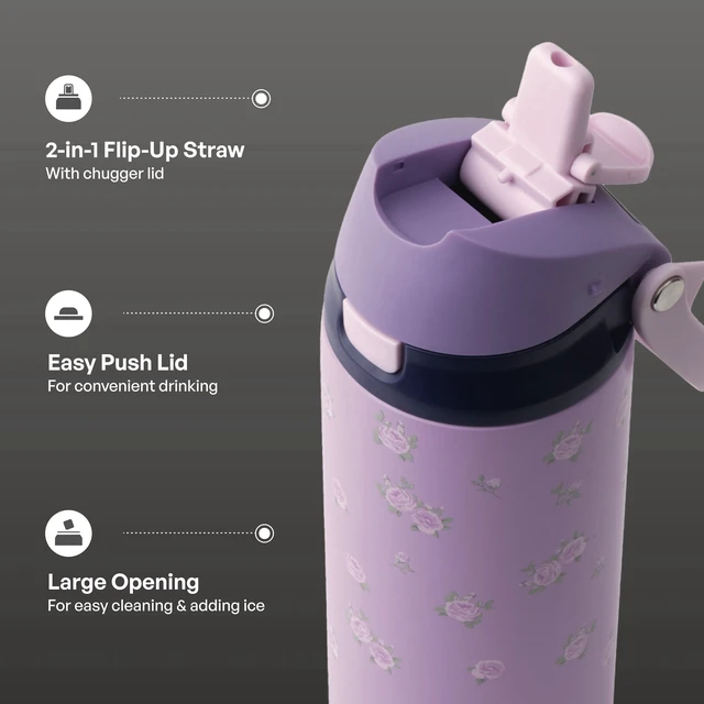 Alt view image 6 of 6 - TAL 24oz Stainless Steel 2-in-1 Straw and Chug Bottle with Push Lid, Purple Flowers
