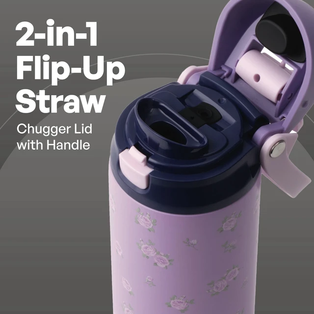 Alt view image 5 of 6 - TAL 24oz Stainless Steel 2-in-1 Straw and Chug Bottle with Push Lid, Purple Flowers