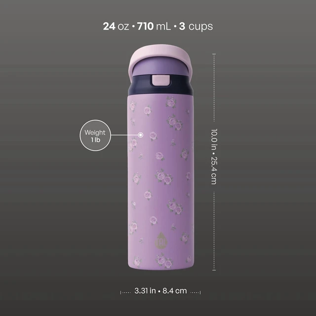 Alt view image 3 of 6 - TAL 24oz Stainless Steel 2-in-1 Straw and Chug Bottle with Push Lid, Purple Flowers