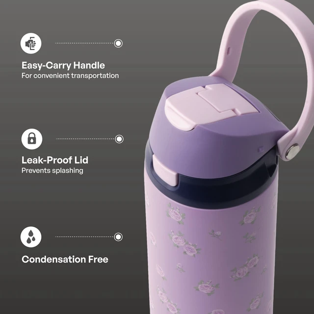 Alt view image 2 of 6 - TAL 24oz Stainless Steel 2-in-1 Straw and Chug Bottle with Push Lid, Purple Flowers