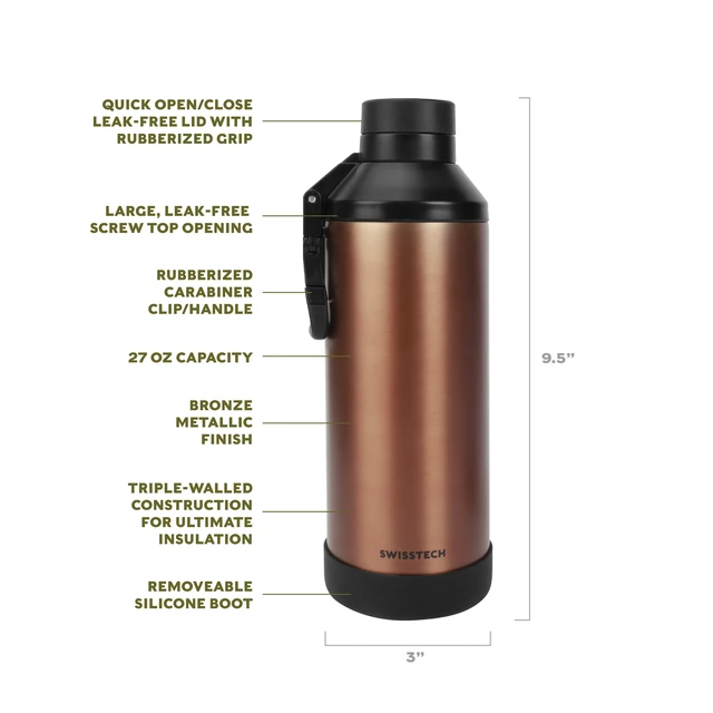 Alt view image 4 of 6 - Swiss Tech Muhelos 24oz Bronze Leak-Proof Double-Wall Water Bottle