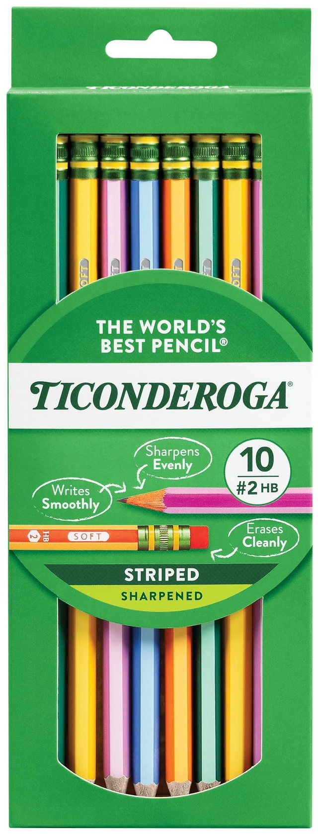 Main image of Ticonderoga X13910 Striped Wood-Cased Pencils, 2HB Soft, Pre-Sharpened, 10 Count, Assorted Colors