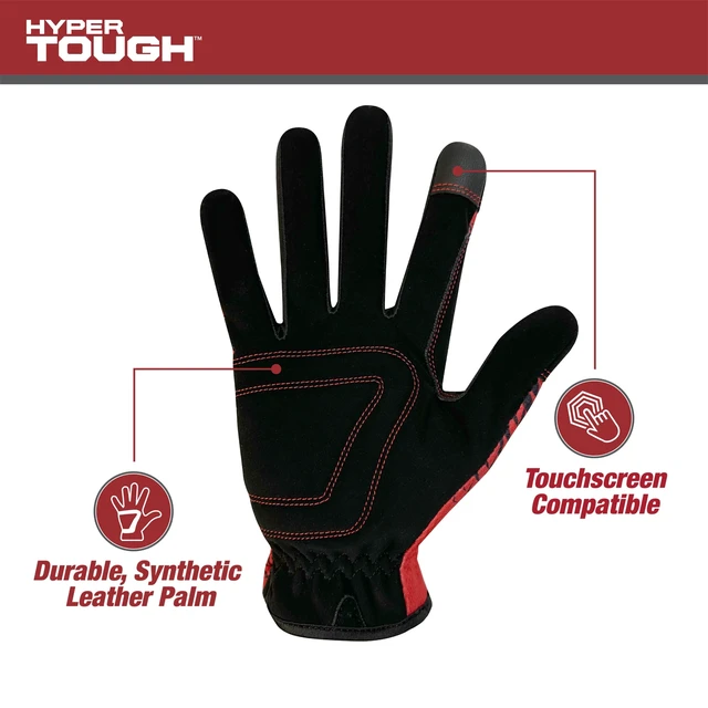 Alt view image 6 of 6 - Hyper Tough All Purpose Performance Work Gloves, Synthetic Leather, Black and Red, Medium, Adult Unisex