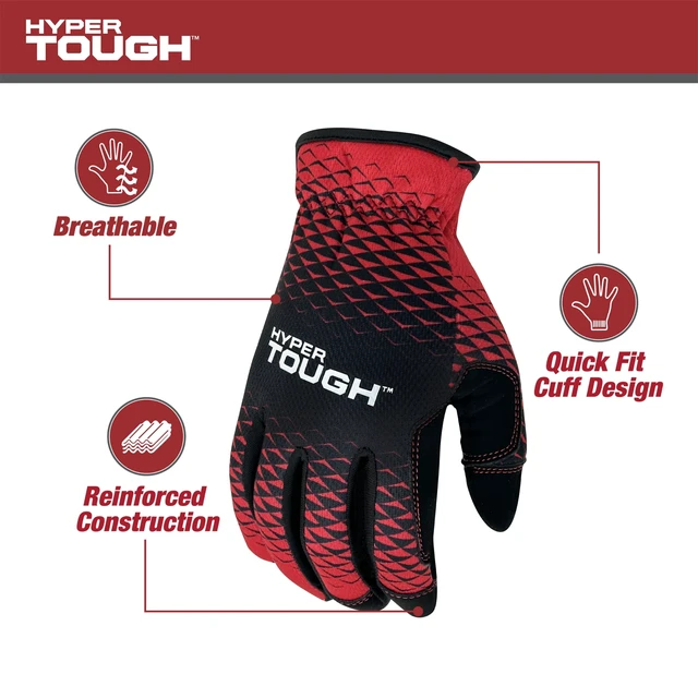 Alt view image 2 of 6 - Hyper Tough All Purpose Performance Work Gloves, Synthetic Leather, Black and Red, Medium, Adult Unisex