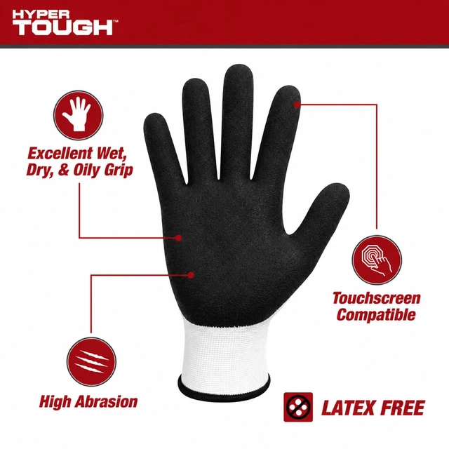 Alt view image 3 of 7 - Hyper Tough Performance Grip Gloves, ANSI Cut Resistant, Nitrile, Nylon, Spandex, White, Small