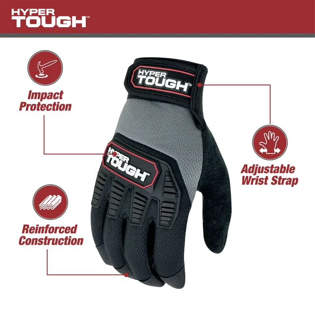 Alt view image 4 of 6 - Hyper Tough HT89056-23 Heavy Duty Impact Gloves, Black/Red/Gray, Polyester, Adult Men's, Medium, 1 Pair