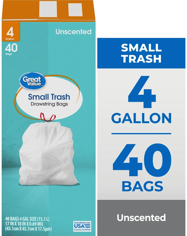 Main image of Great Value 4-Gallon Small Drawstring Trash Bags, 40 Count