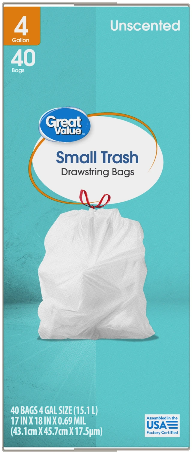 Alt view image 5 of 6 - Great Value 4-Gallon Small Drawstring Trash Bags, 40 Count