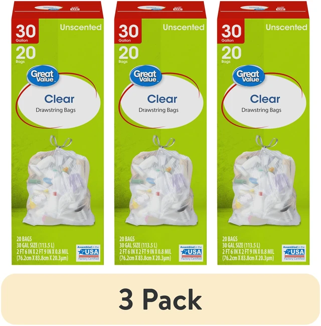 Main image of Great Value 30 gal Large Clear Drawstring Trash Bags, 3 Pack, 20 Count