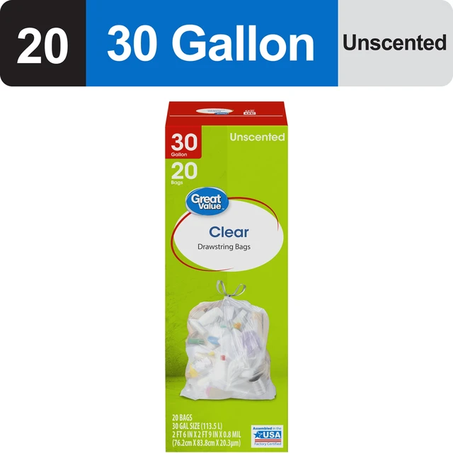 Alt view image 2 of 6 - Great Value 30 gal Large Clear Drawstring Trash Bags, 3 Pack, 20 Count