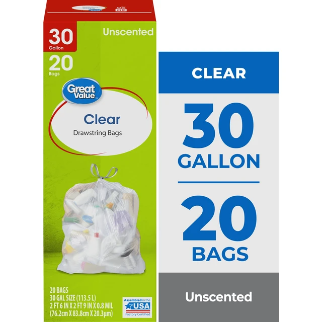 Alt view image 6 of 6 - Great Value 30 gal Large Clear Drawstring Trash Bags, 3 Pack, 20 Count