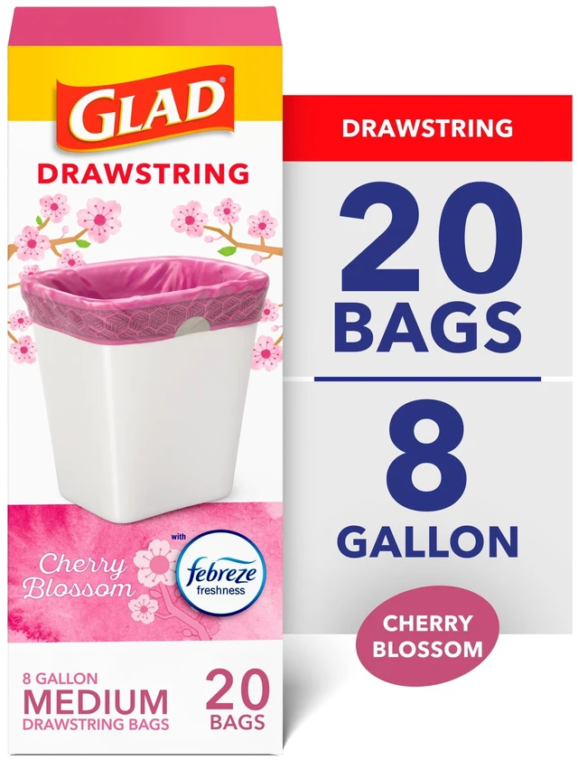 Main image of Glad 8-Gallon Medium Pink Drawstring Trash Bags, Febreze Cherry Blossom Scent, 20 Bags