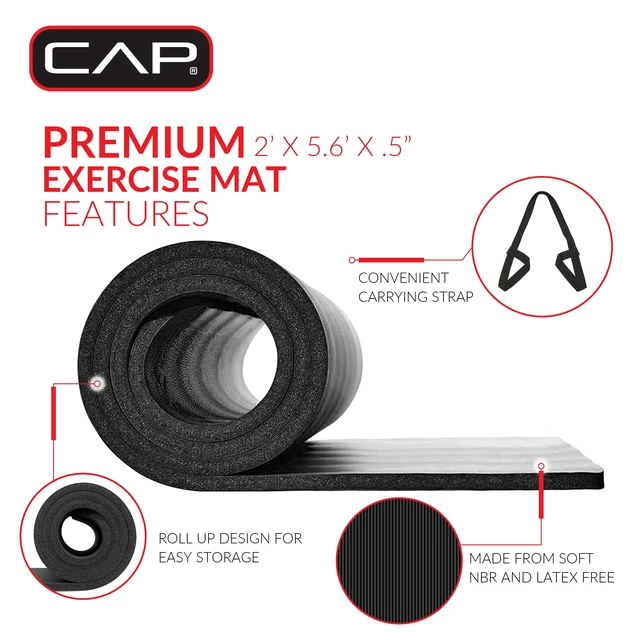 Alt view image 2 of 5 - CAP 1/2-Inch Thick Yoga Exercise Mat with Carry Strap, 68" x 24", Black