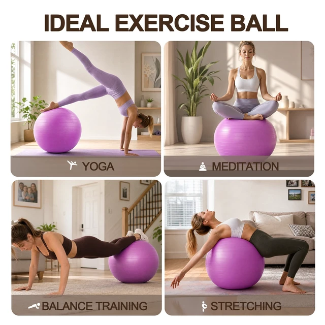 Alt view image 4 of 7 - Signature Fitness 45cm Anti-Burst Slip-Resistant Yoga Ball with Foot Pump for Pregnancy, Pilates, Fitness, Balance & Core Workouts, Purple