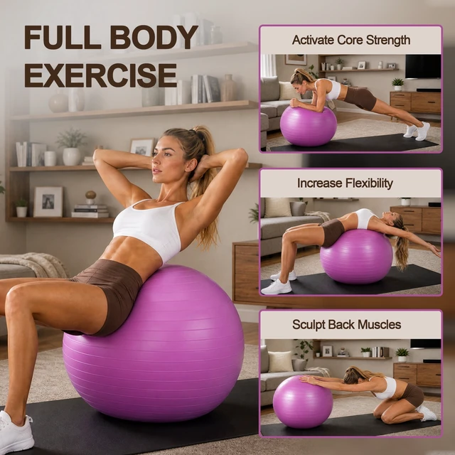 Alt view image 2 of 7 - Signature Fitness 45cm Anti-Burst Slip-Resistant Yoga Ball with Foot Pump for Pregnancy, Pilates, Fitness, Balance & Core Workouts, Purple