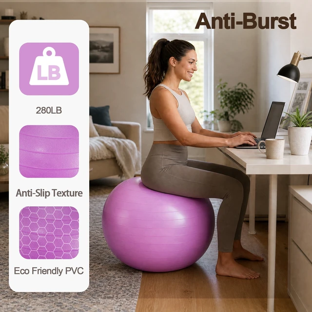 Alt view image 5 of 7 - Signature Fitness 45cm Anti-Burst Slip-Resistant Yoga Ball with Foot Pump for Pregnancy, Pilates, Fitness, Balance & Core Workouts, Purple