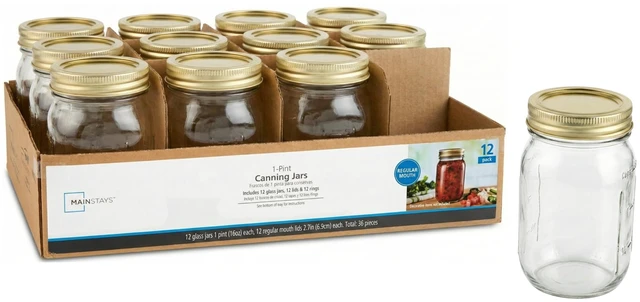 Main image of Mainstays Regular Mouth 16 oz Pint Glass Mason Jars, 12-Pack with Lids and Bands