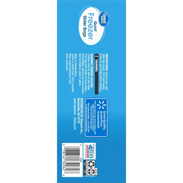 Alt view image 5 of 5 - Great Value Freezer Guard Slider Zipper Bags, Quart, 75 Count