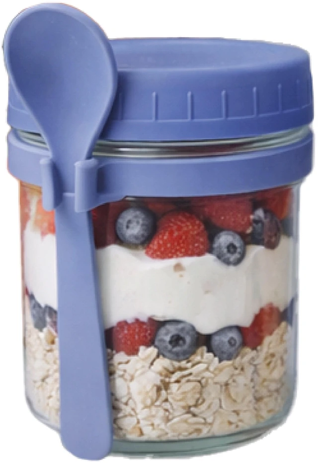 Main image of Oasis Home Overnight Oat Jars 2-Pack Elemental Blue with Lids and Spoons