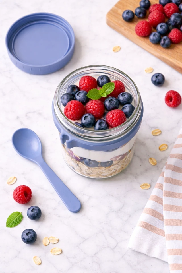 Alt view image 4 of 6 - Oasis Home Overnight Oat Jars 2-Pack Elemental Blue with Lids and Spoons