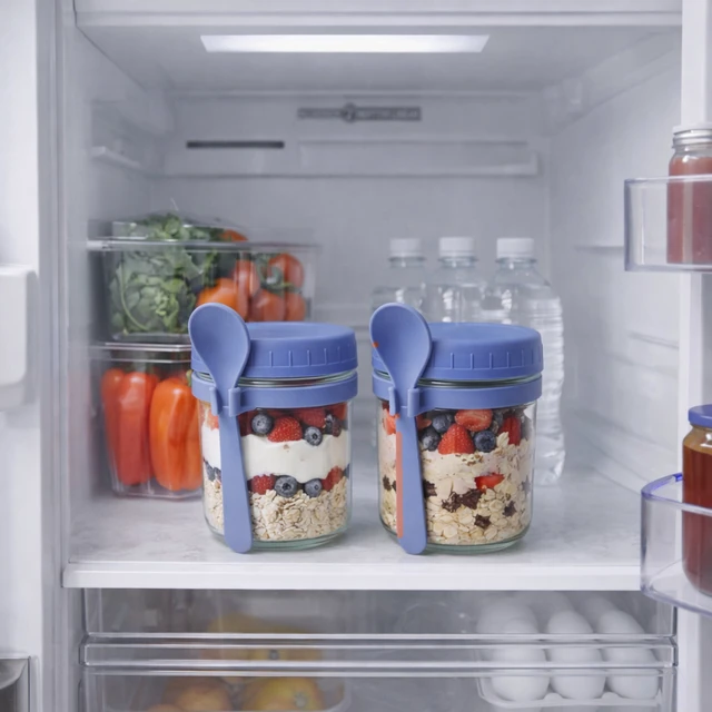 Alt view image 5 of 6 - Oasis Home Overnight Oat Jars 2-Pack Elemental Blue with Lids and Spoons