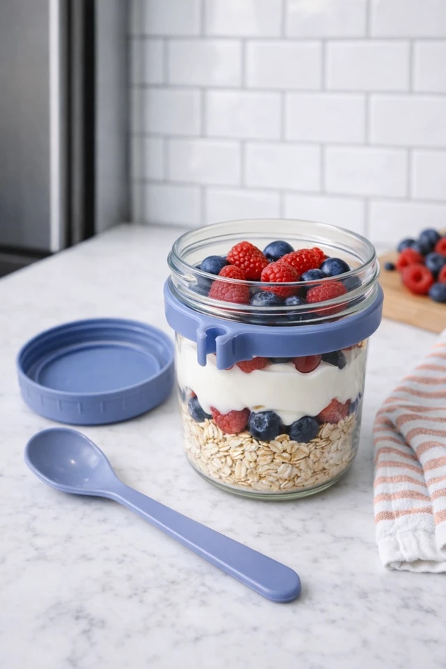 Alt view image 3 of 6 - Oasis Home Overnight Oat Jars 2-Pack Elemental Blue with Lids and Spoons