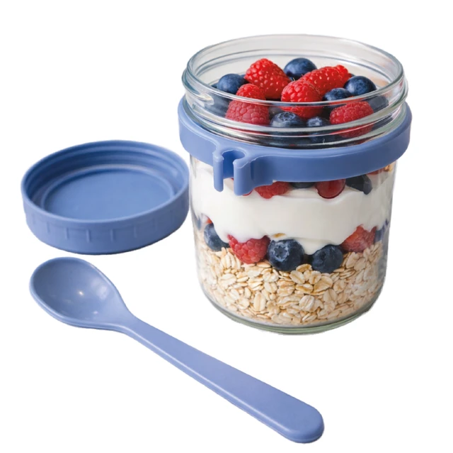 Alt view image 2 of 6 - Oasis Home Overnight Oat Jars 2-Pack Elemental Blue with Lids and Spoons