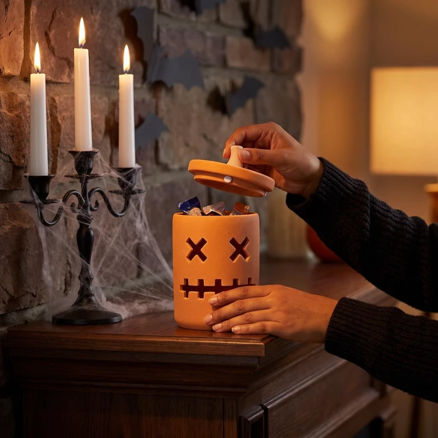 Alt view image 4 of 6 - Way To Celebrate Ceramic Jack-o'-Lantern Jar Orange 6.6in Halloween