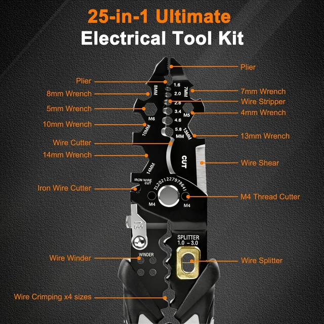 Alt view image 6 of 7 - 2026 Upgraded Wire Stripper Tool, 25-in-1 Multifunctional Cutting, Crimping & Nut Bolt Wrench, 16 AWG to 3 AWG, Electrical Wire Stripper for Industrial & Home Use