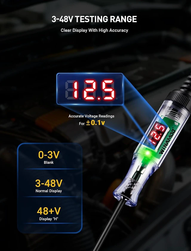 Alt view image 3 of 7 - WINAMOO 3-48V LED Digital Voltage Display Automotive Test Light with Voltmeter & Dual Color Polarity Indicator, Stainless Probe for Car/Truck/SUV