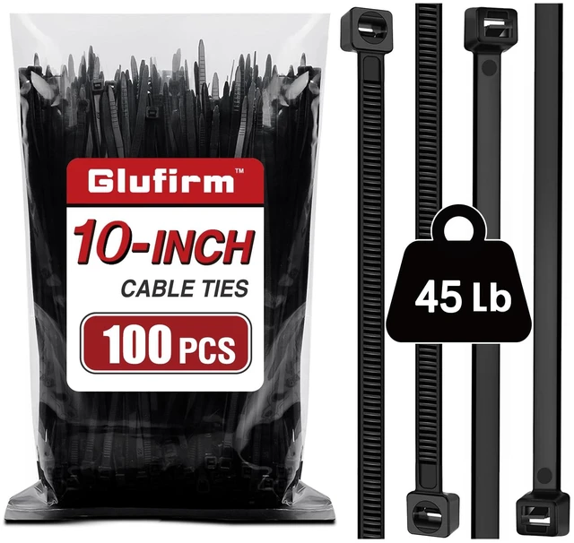 Main image of Glufirm 10-Inch Black Cable Ties (100-Pack), 45lb Tensile Strength, Zip Ties
